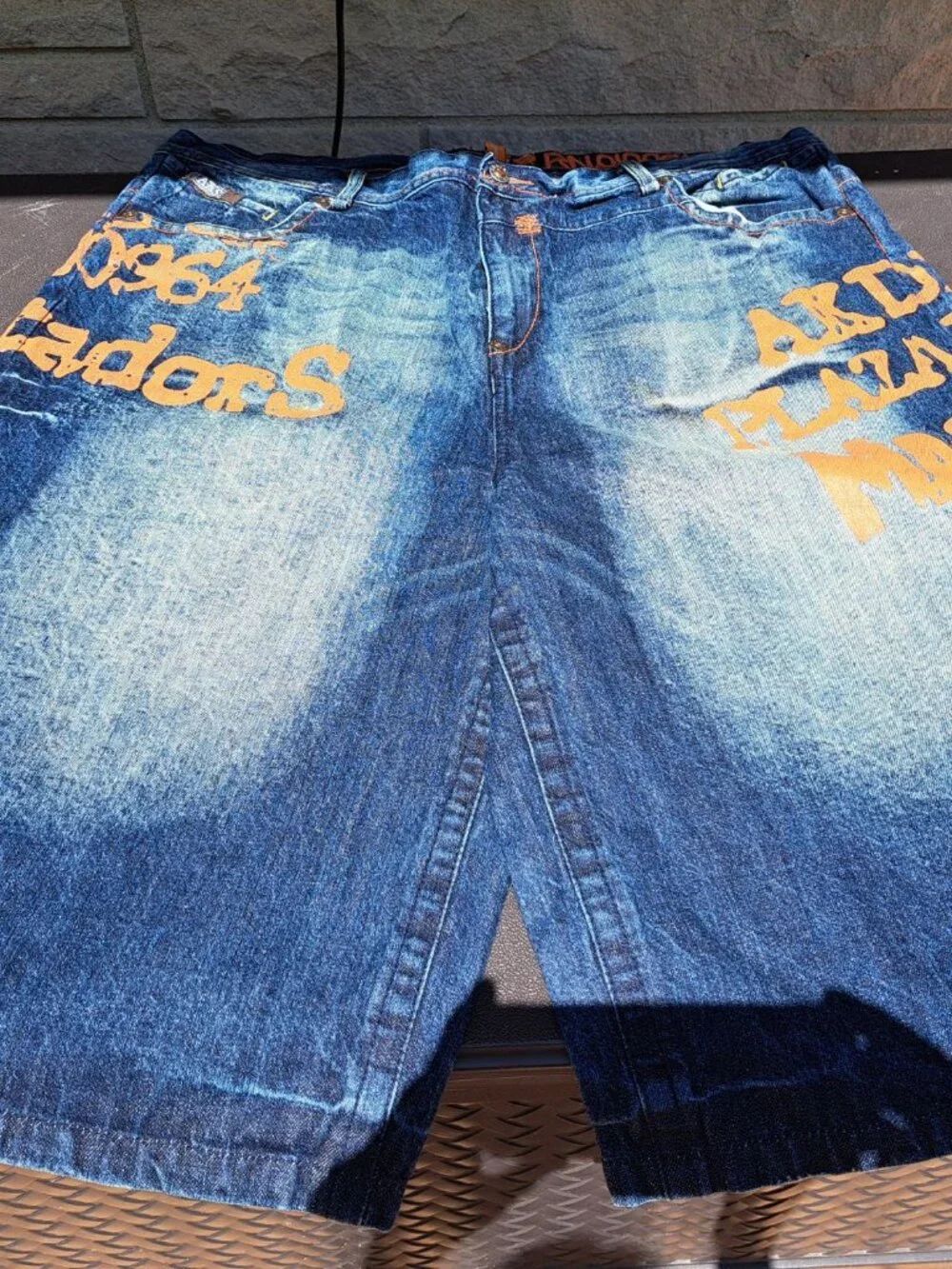 Vintage Akademiks Size 42 Mens Baggy Denim Shorts Orange Graphics Streetwear